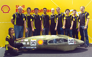 Team Voltronics powered its prototype battery-electrical vehicle to 15th place at the Shell Eco-Marathon Europe. From left to right: Shalaka Thomas, Pieter Erasmus Snr., Ryan Coetzee, Dr Yuko Roodt, Reginald Masher, Marissa Erasmus, Pieter Erasmus, Paul Lee, Nicholas Harvey, Eduard Basson.
